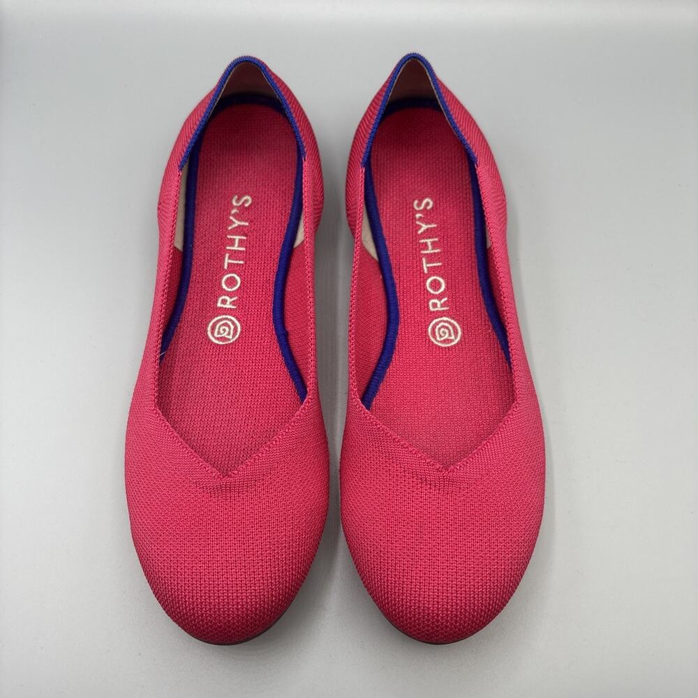 Rothys Ballet Flats Size 10 Bright Pink Knit Slip on Shoes Round Toe Blue Trim